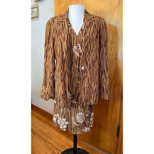 Vtg Saks 5th Ave Silk 2 pc Set Jacket‎ Wrap Skort Romper Brown Zebra Safari Med